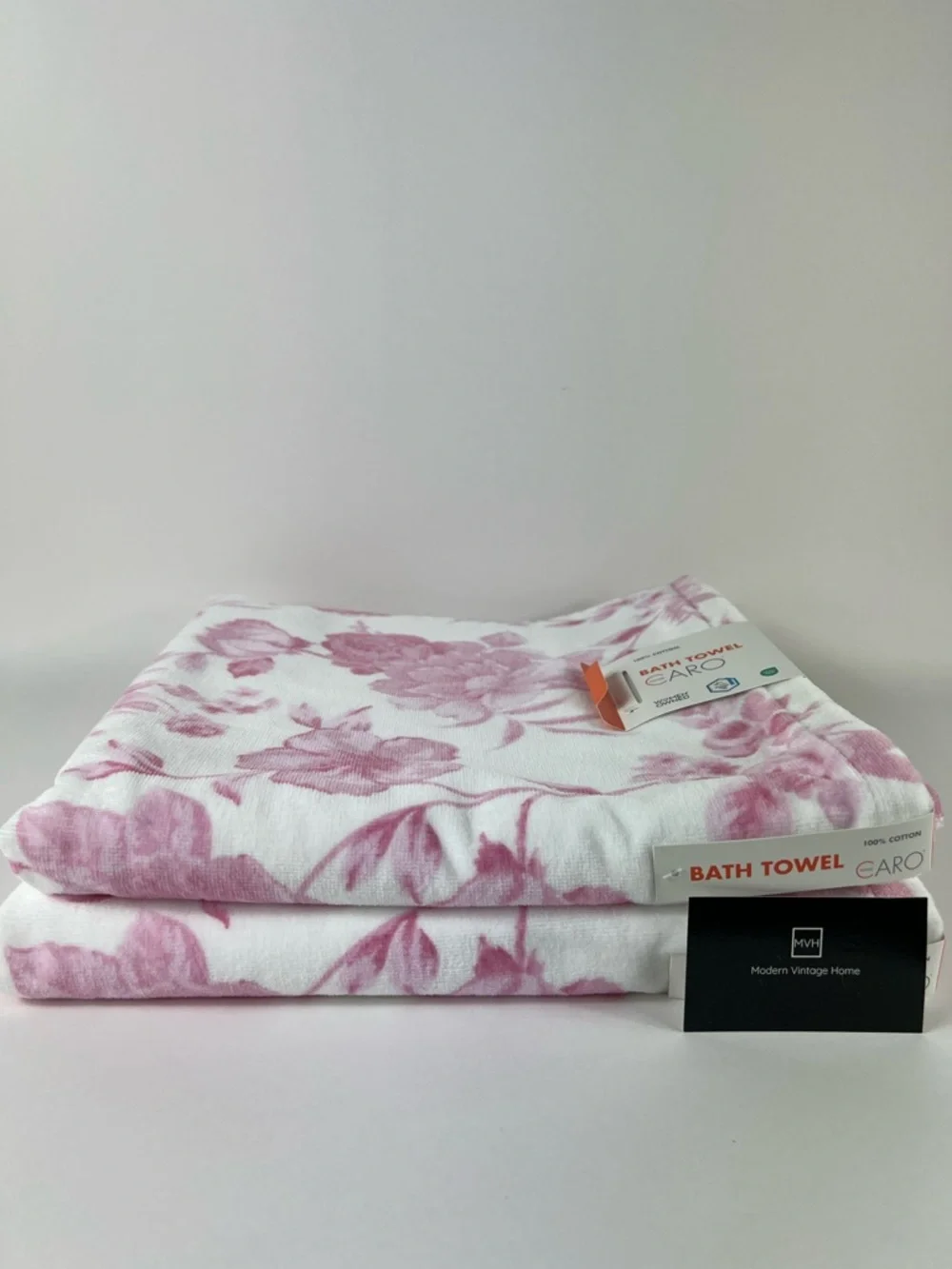Caro Home Bath Towel Set Pink White Floral Soft Cotton Velour Set of 2 NEW